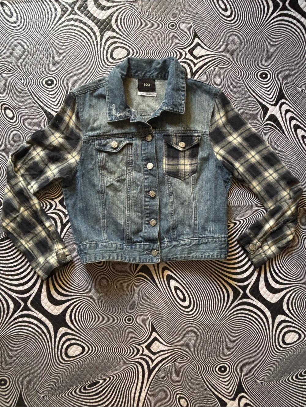 BDG Denim Jacket with Black & White Plaid Sleeves